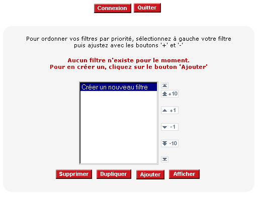 figure d'écran: liste des filtres (vide pour l'instant).