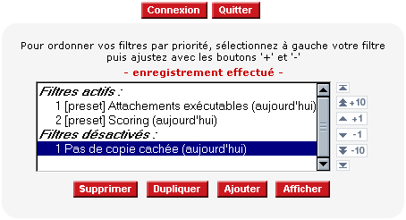 mfilter : liste des filtres antispam, et des filtres désactivés