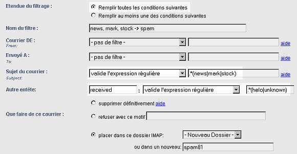 Sujet du courrier, valide l'expression régulière .*(news|mark) et autre entete valide l'expression .*(helo|unknown)