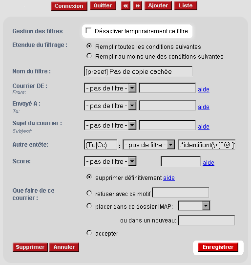 cocher "Désactiver temporairement le filtre" et cliquer sur "Enregistrer"